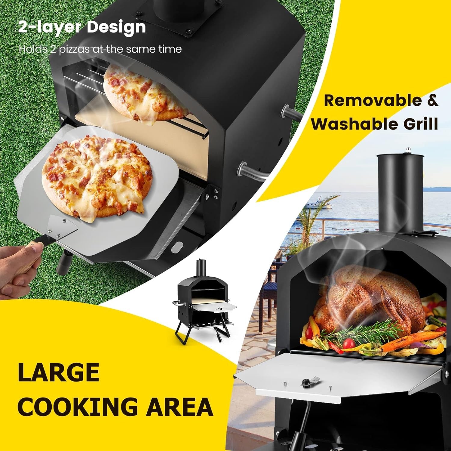2-Layer Outdoor Wood Fired Pizza Oven with Stone, Peel & Waterproof Cover