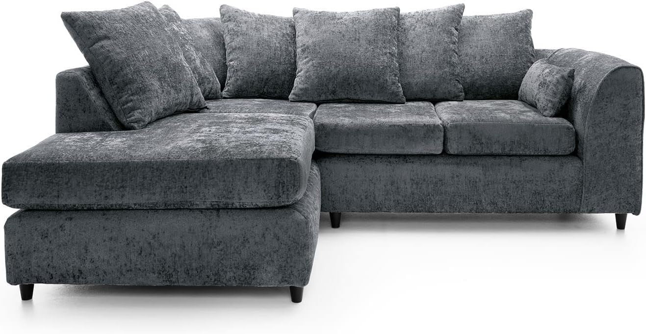 Dark Grey L Shaped Corner Sofa 5 Seater Crushed Chenille Velvet Couch