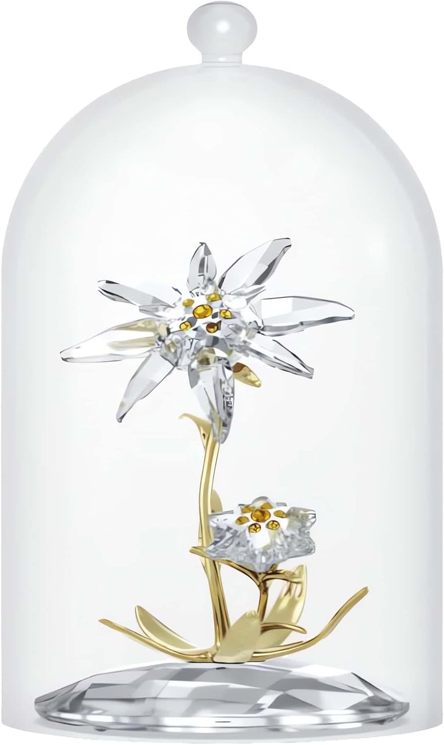 Luxury Crystal Edelweiss Bell Jar Ornament 130th Anniversary Clear & Gold Décor
