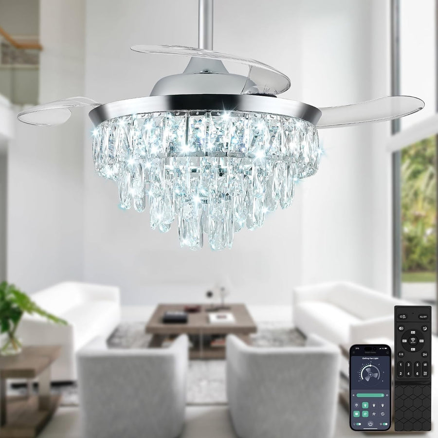42" Modern Crystal Chandelier Ceiling Fan with Light Dimmable Remote