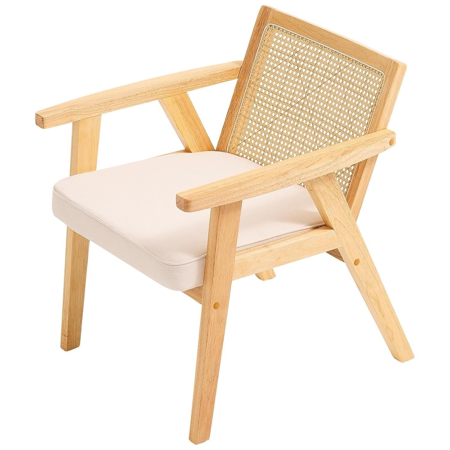 Rattan Armchair with Cushion Wooden Frame Modern Dining Lounge Chair Beige