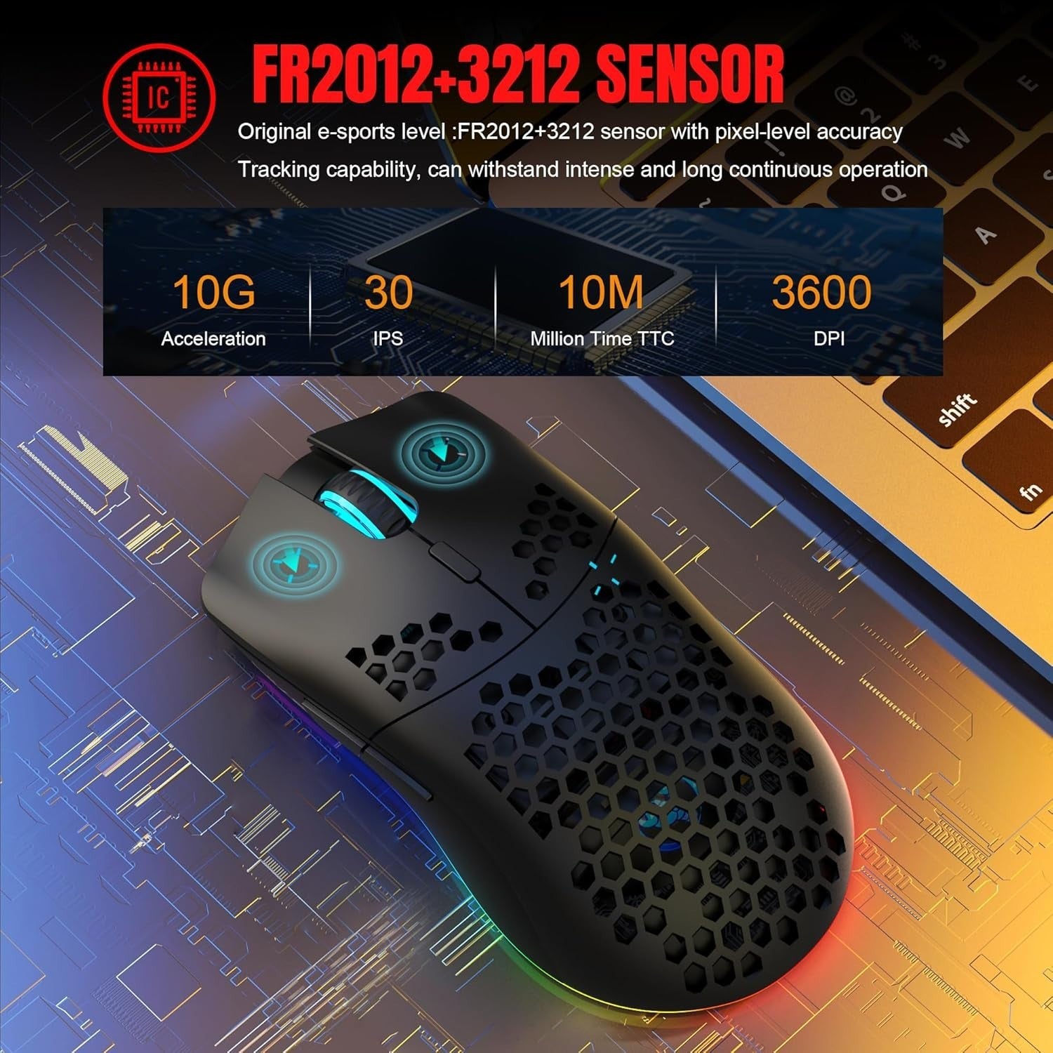 RGB Wireless Gaming Mouse 3600 DPI Lightweight Honeycomb Black
