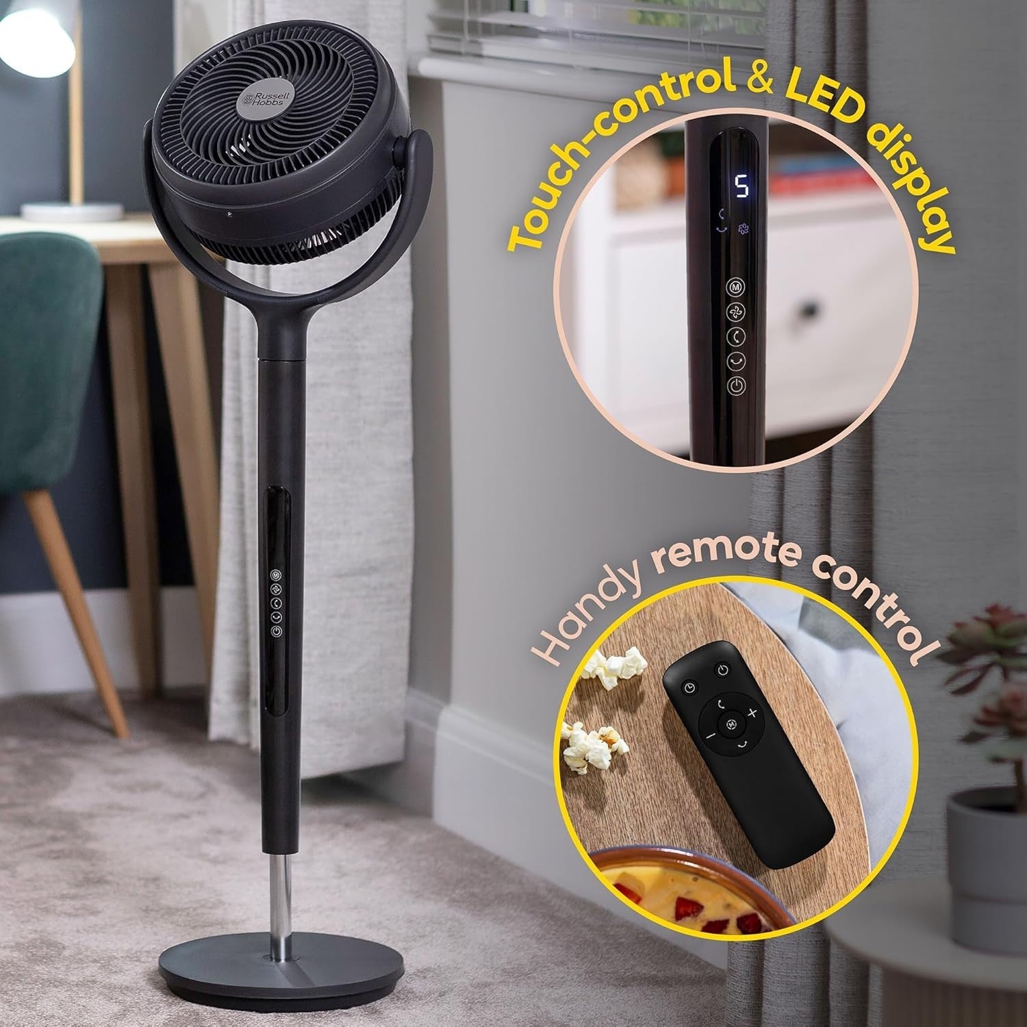Charcoal Grey Pedestal Circulator Fan 12-Speed 130° Oscillation Remote Timer
