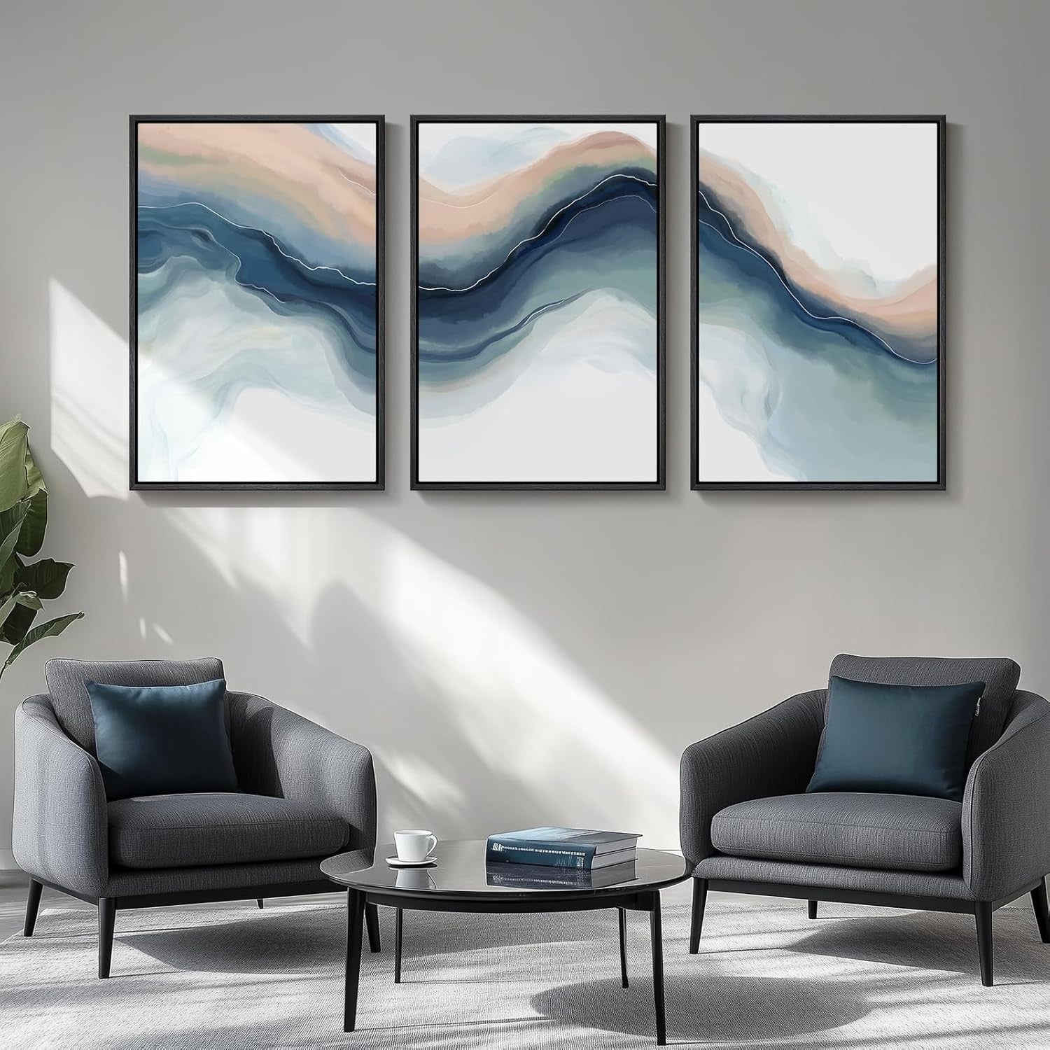 3-Piece Blue Abstract Landscape Canvas – Large Modern Wall Art 24x36in