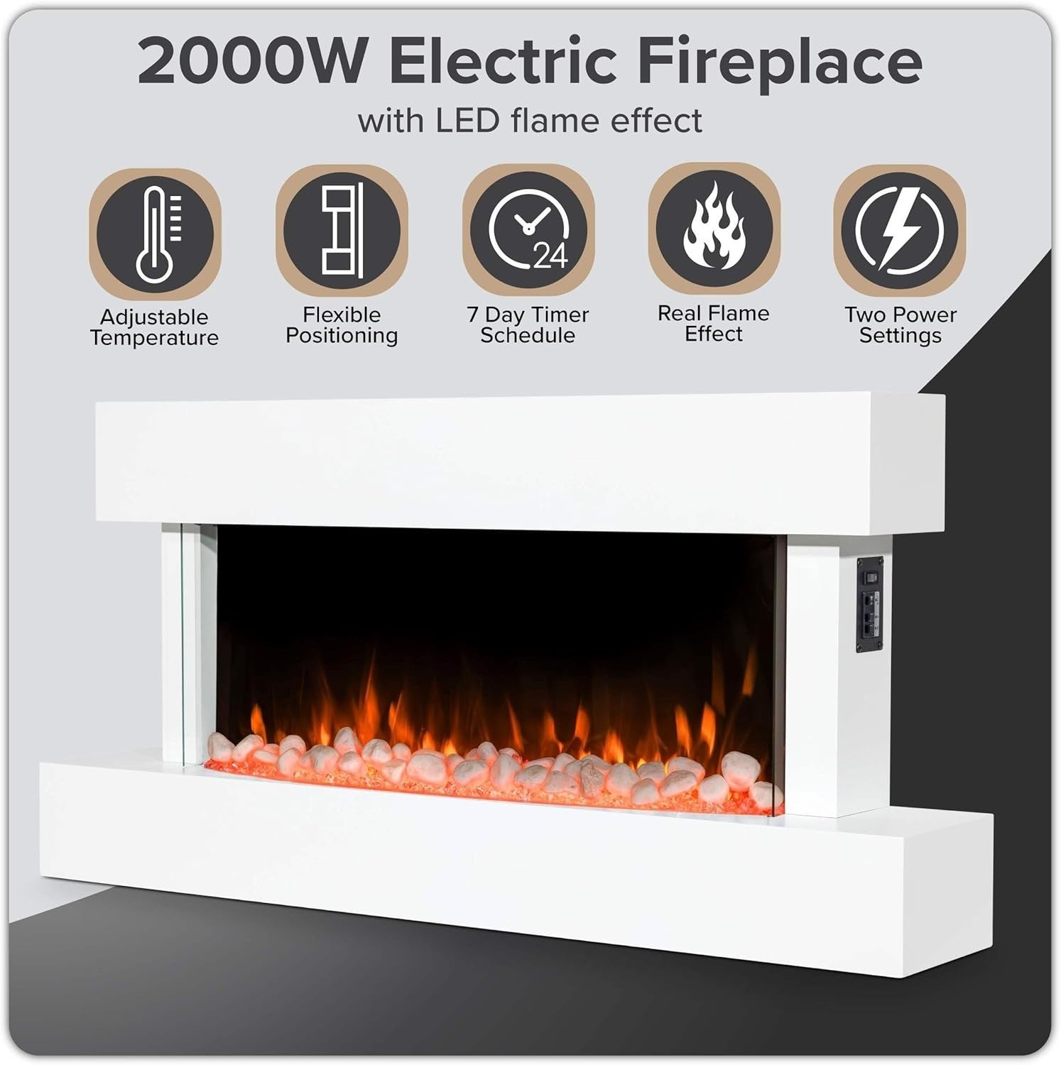 46" Wall Mounted Electric Fireplace White LED Flame Heater Pebble Log