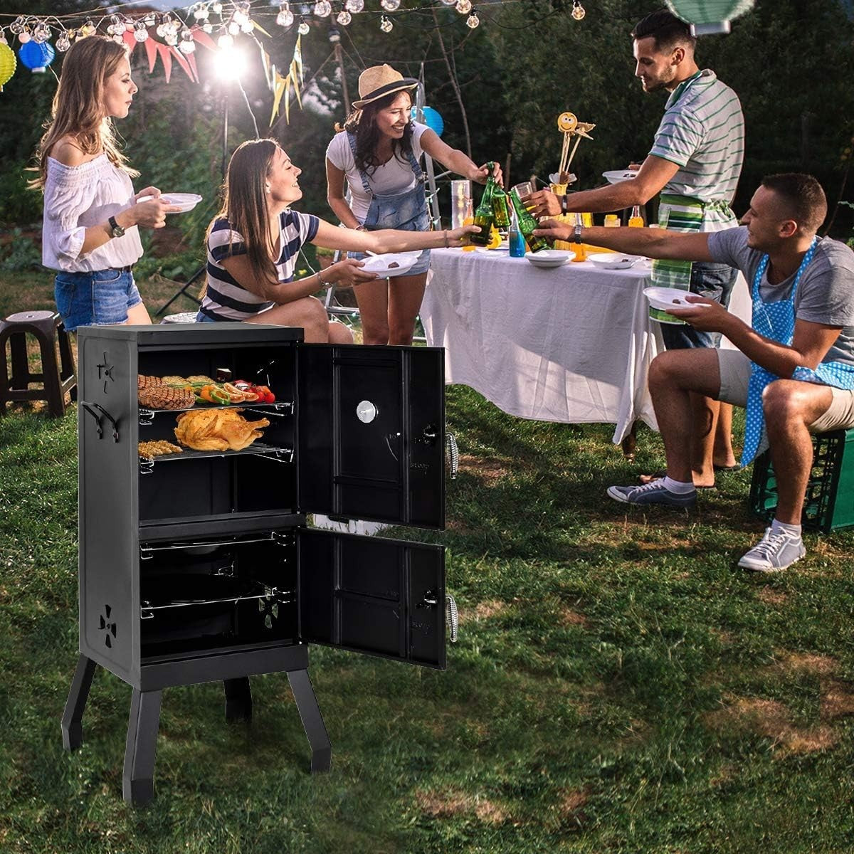 Charcoal BBQ Smoker Grill with Thermometer 2 Door Outdoor Roaster Cooking Oven
