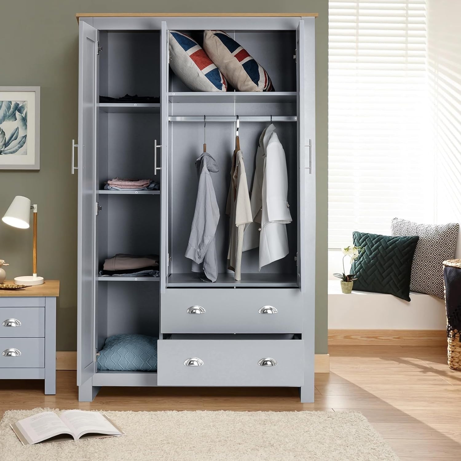 3 Door 2 Drawer Wardrobe Grey Oak Modern MDF Storage With Hanging Rail