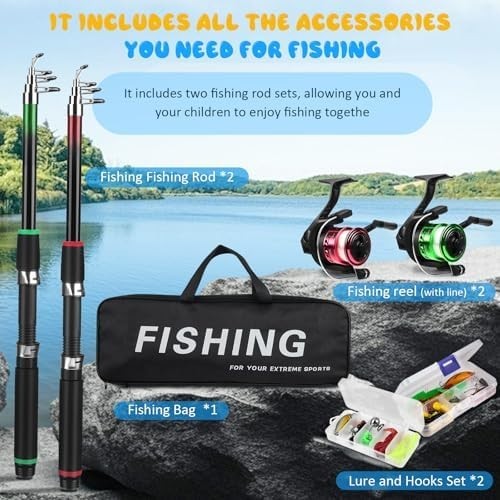 Kids Fishing Rod Set of 2 Telescopic Spinning Combo with Reel Lures Bag 1.8M