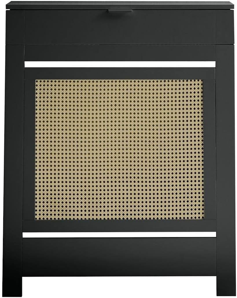 Black Radiator Cover Cabinet with Rattan Panels Storage Shelf & Drawers