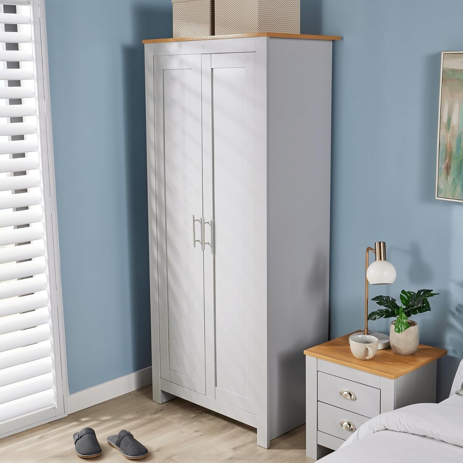 Slim 2 Door Grey Wardrobe with Hanging Rail & Oak Top Storage Shelf