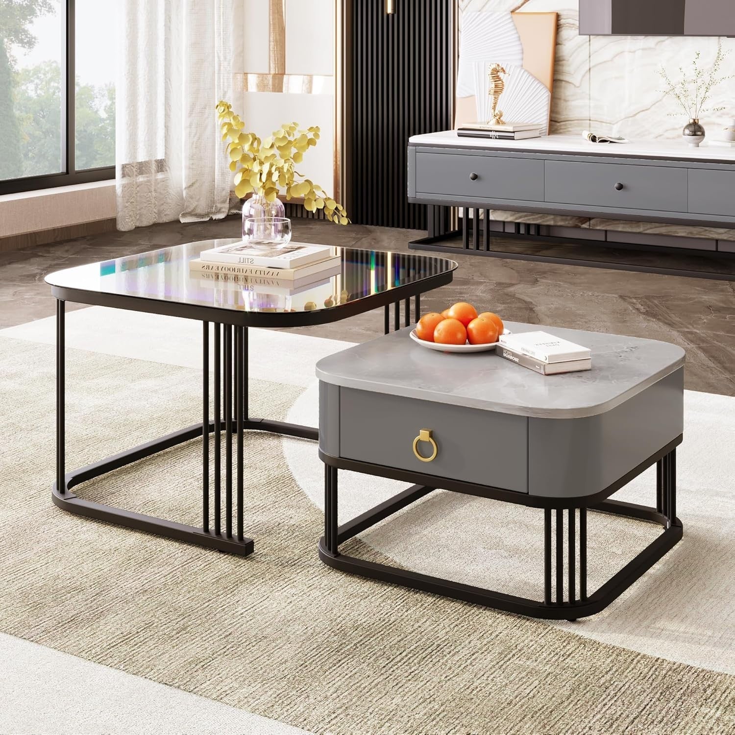 Modern Glass Nesting Coffee Table Set with Drawer – Marble & Black Frame