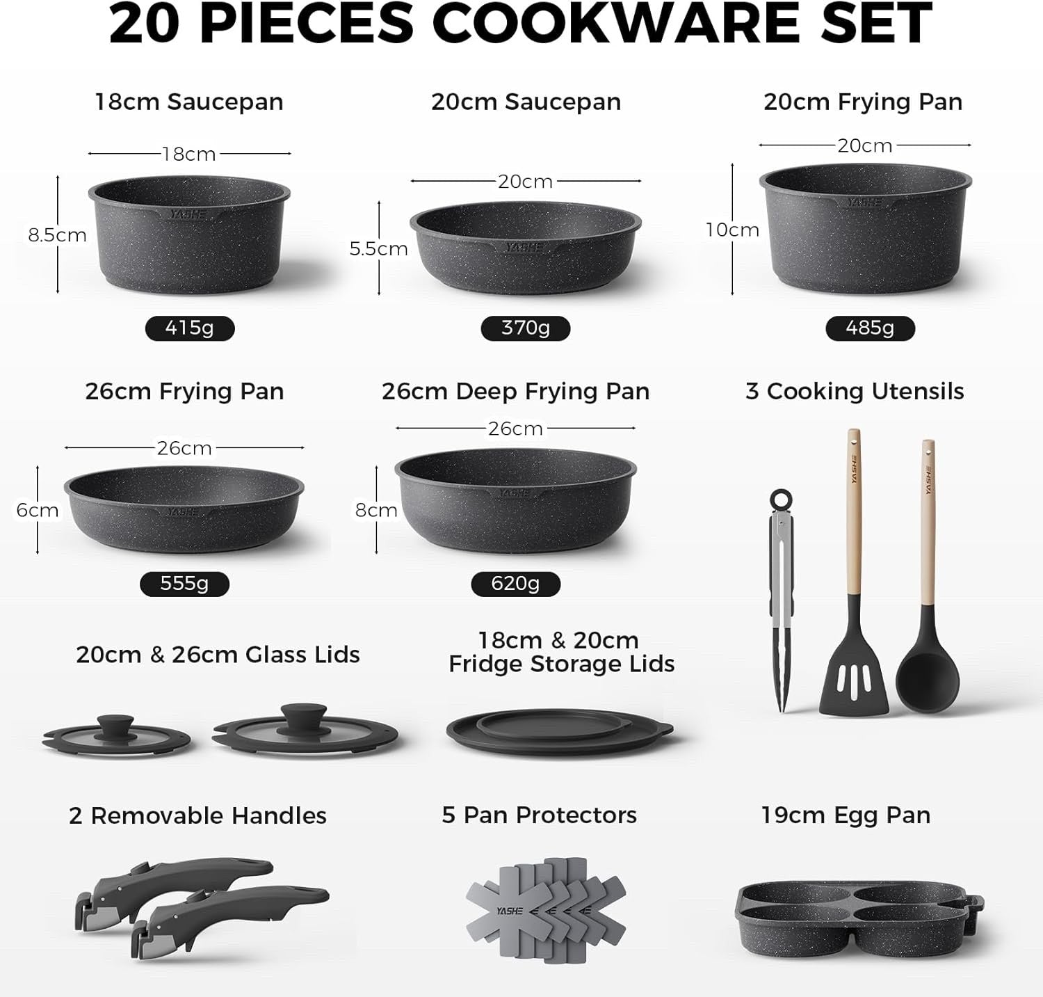 20Pcs Grey Granite Non-Stick Cookware Set with Removable Handles & Glass Lids