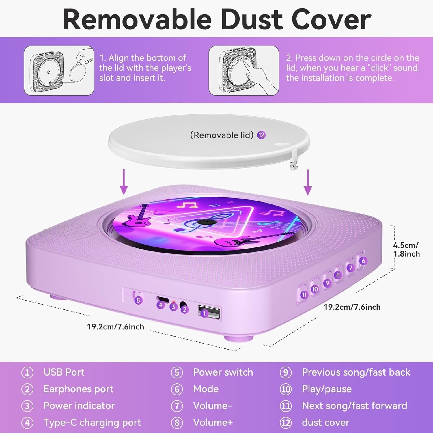 Portable CD Player Bluetooth Speakers FM Radio USB AUX Remote Purple