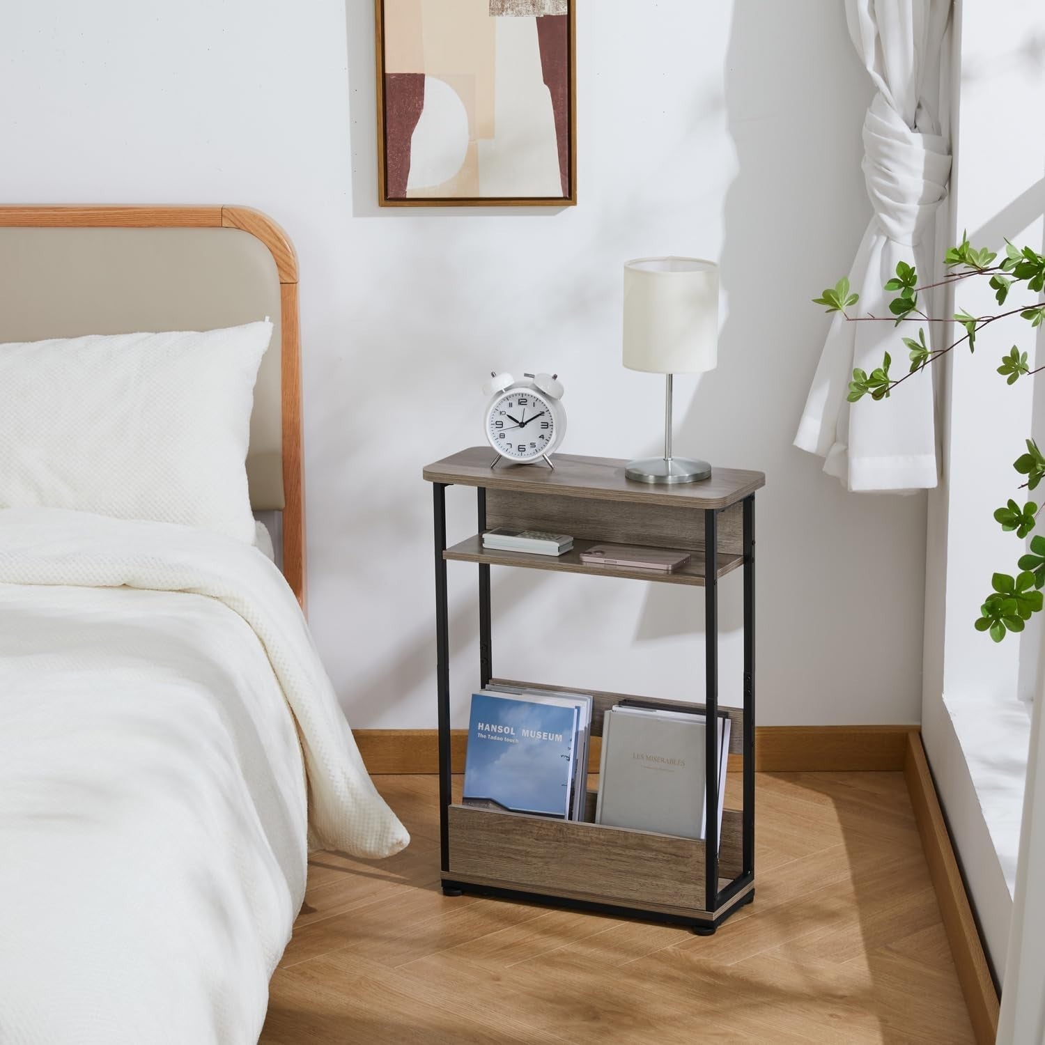 Vintage 3-Tier Narrow Side Table with Storage Shelf, Slim Nightstand for Small S