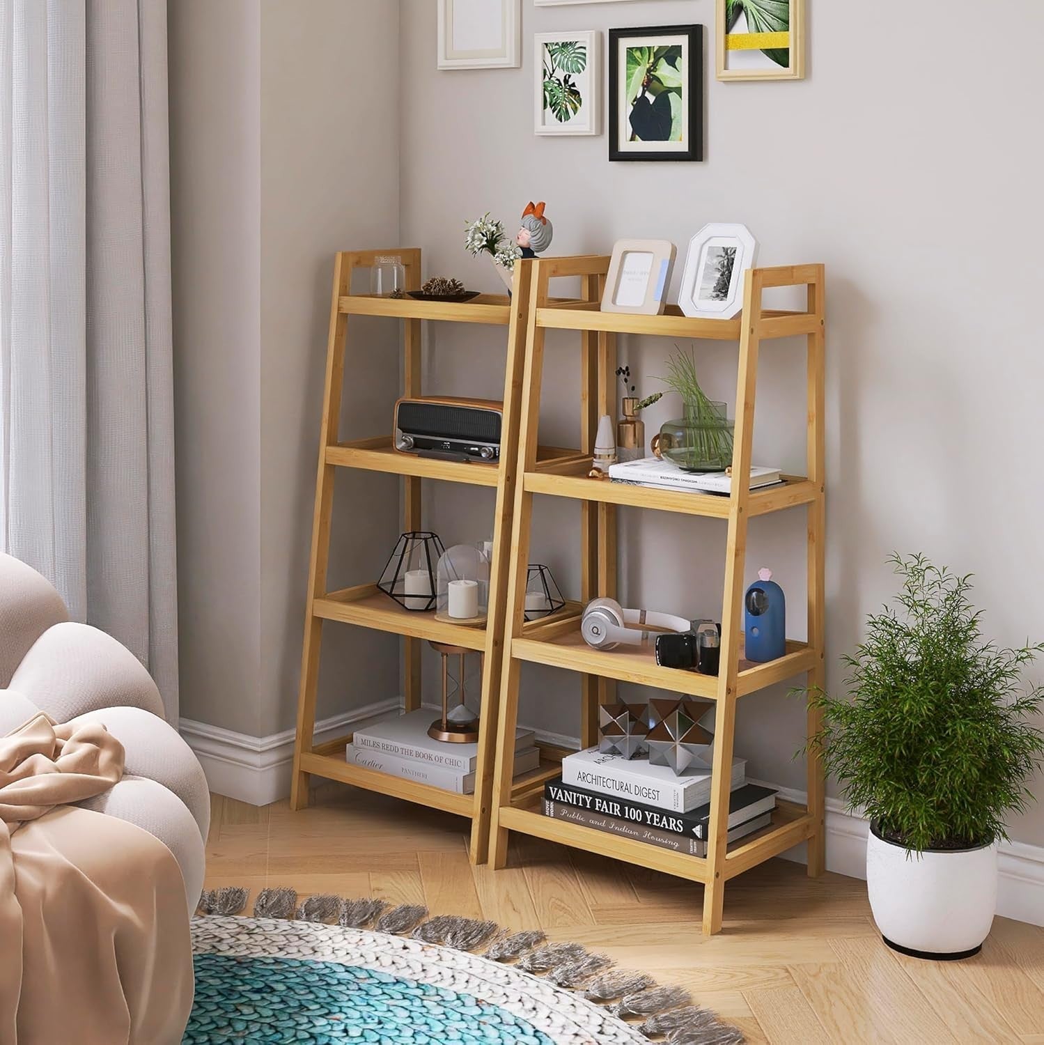 Bamboo Ladder Shelf Bookcase 4 Tier Freestanding Storage Rack Space Saver