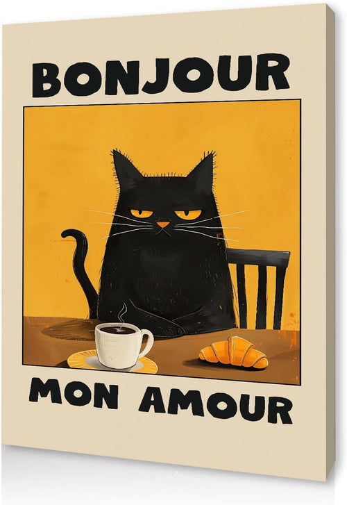 Bonjour Cat Canvas Wall Art 12x16 Framed Funny Kitchen Print