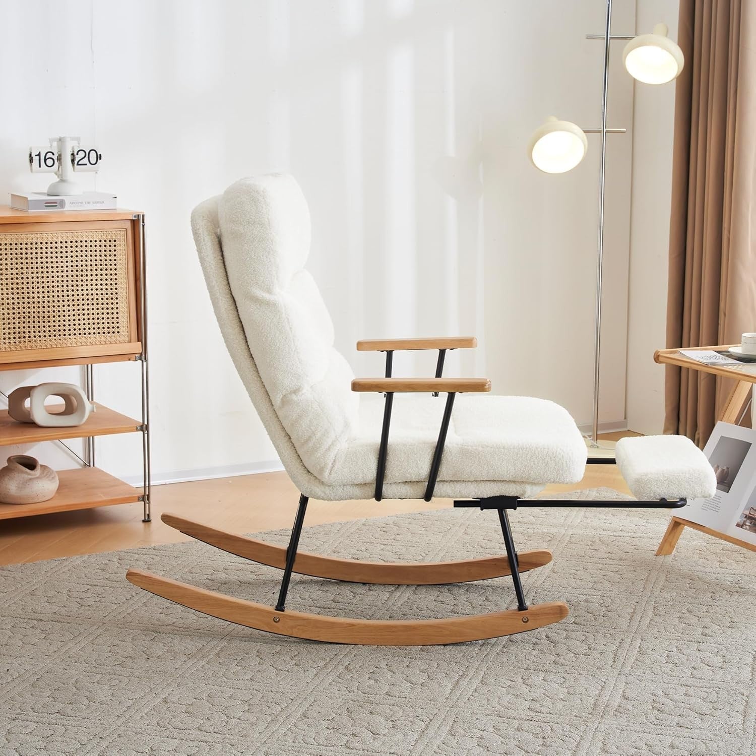 Mid-Century Rocking Chair with Footstool – Bouclé, Tufted, Wood Legs