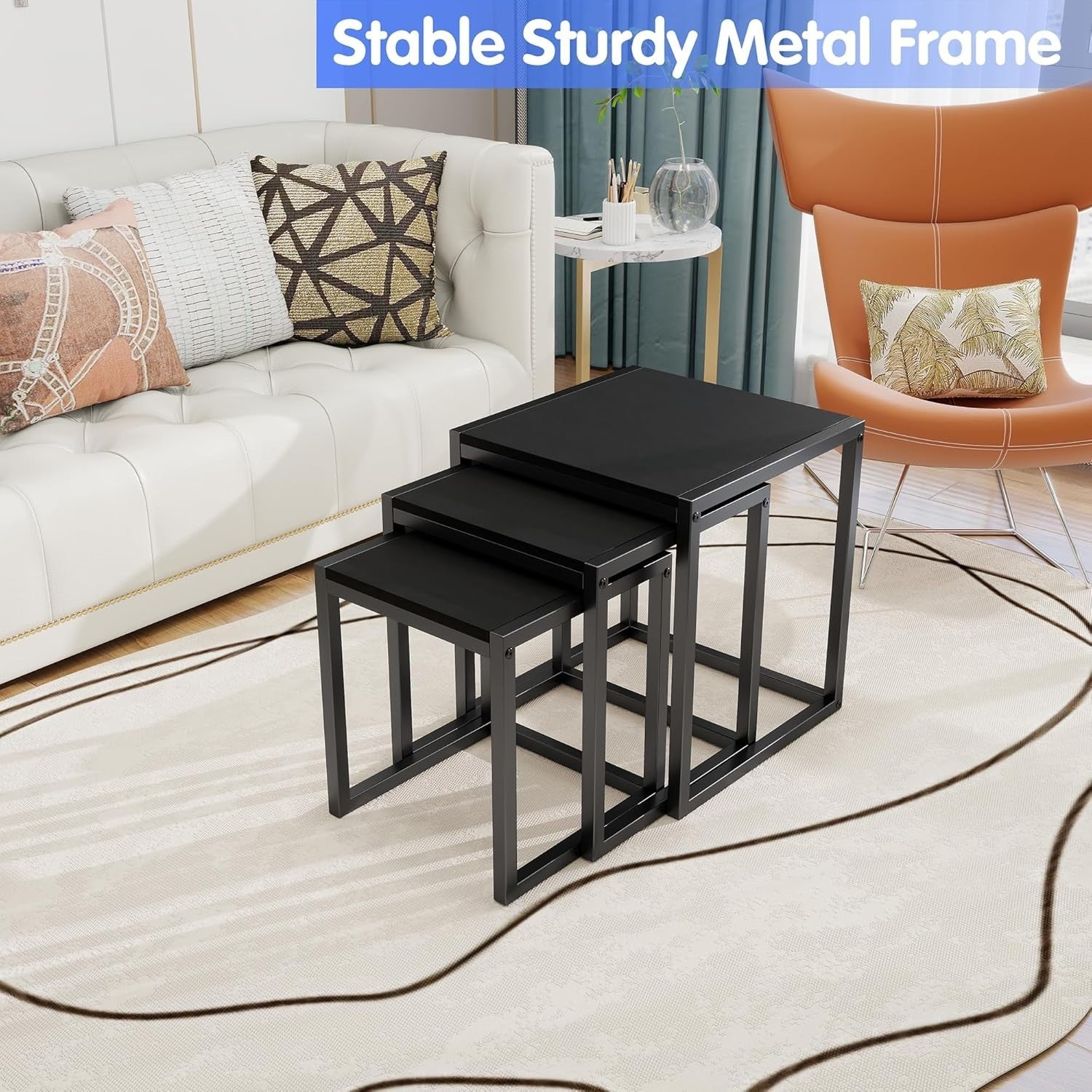Nesting Coffee Side End Table Set Black Wood Metal Frame Home Living Room Office