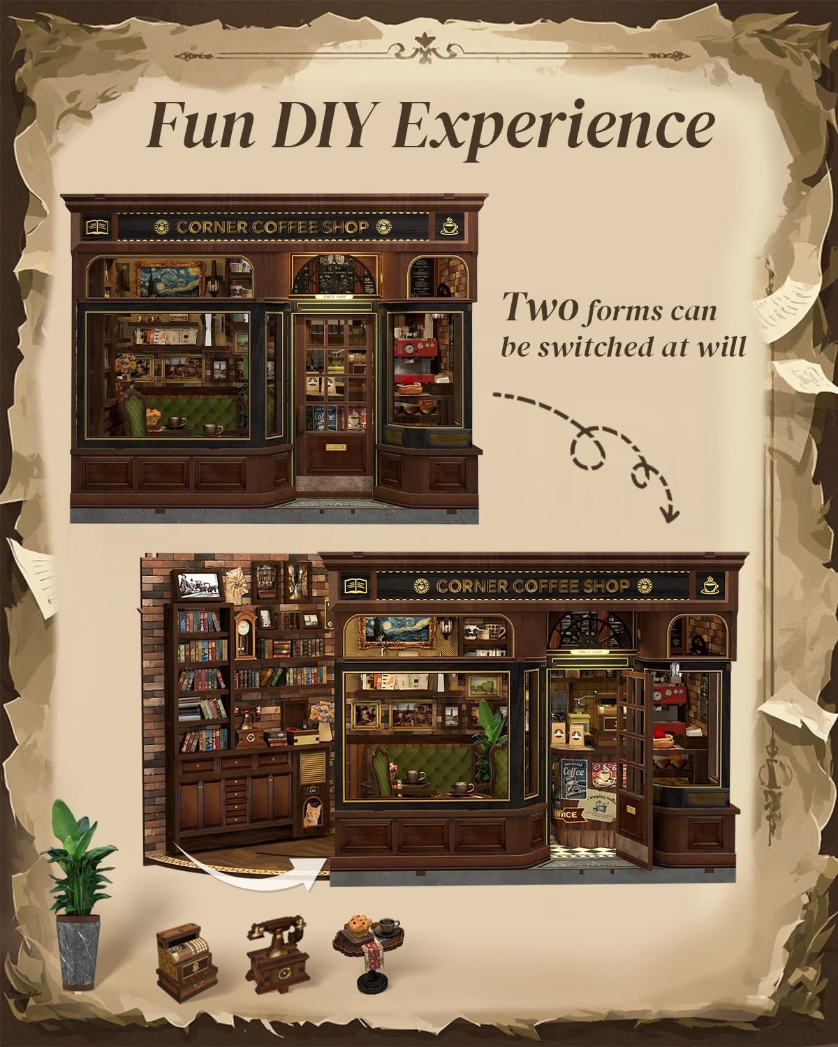DIY Book Nook Coffee Shop Kit 3D Wooden Bookshelf Diorama LED Gift
