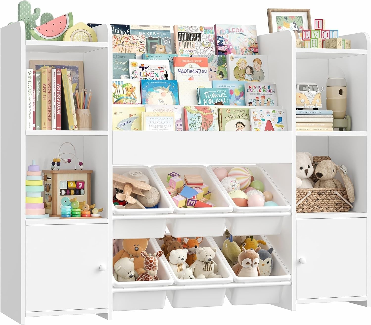 Large Kids Toy Storage Bookshelf with 6 Boxes 4 Tier Shelves for Playroom White