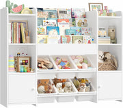 Large Kids Toy Storage Bookshelf with 6 Boxes 4 Tier Shelves for Playroom White
