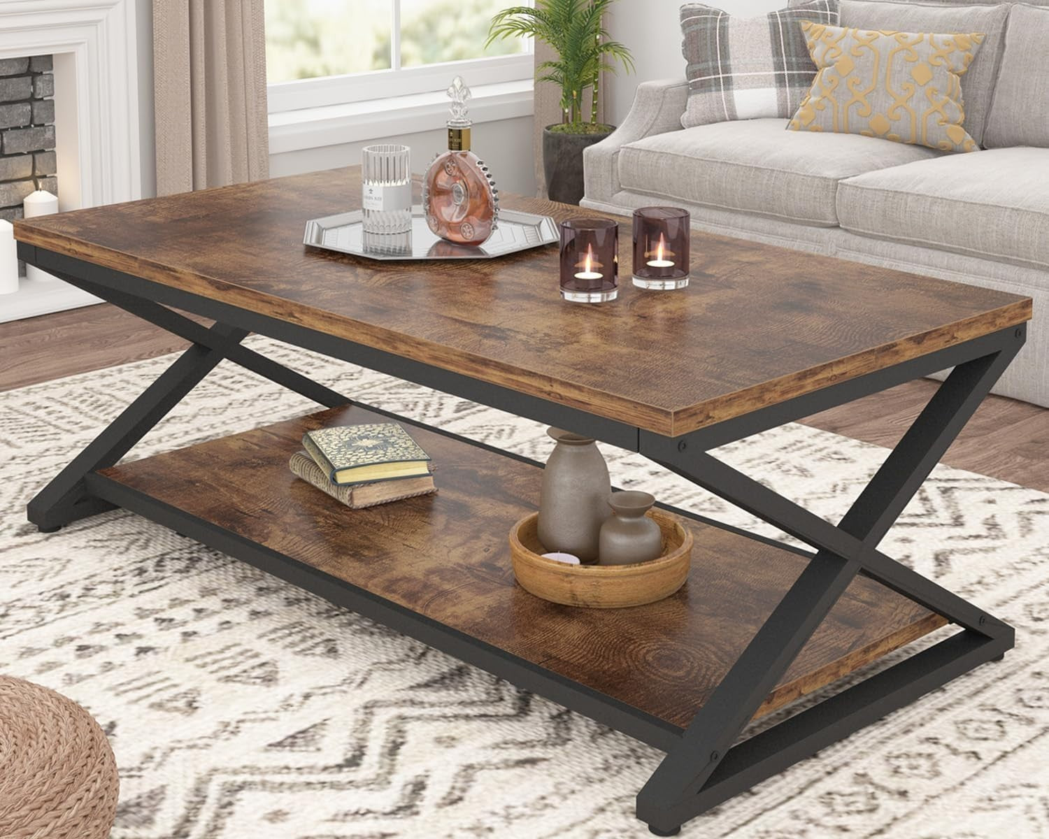 Industrial Coffee Table with Storage Shelf, 47" Rustic Wood Metal Living Room