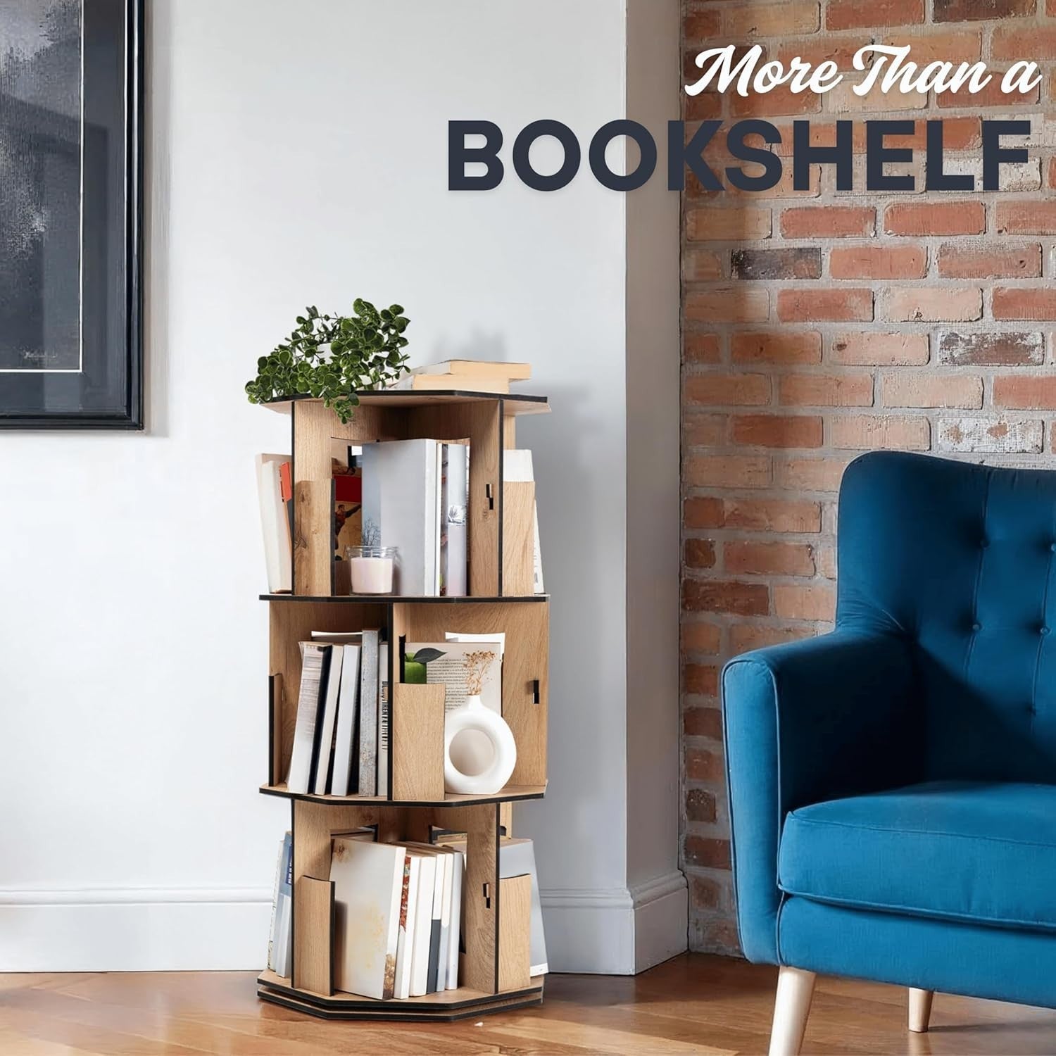 3 Tier Rotating Kids Bookshelf Oak Corner Shelf Space-Saving Storage Organizer