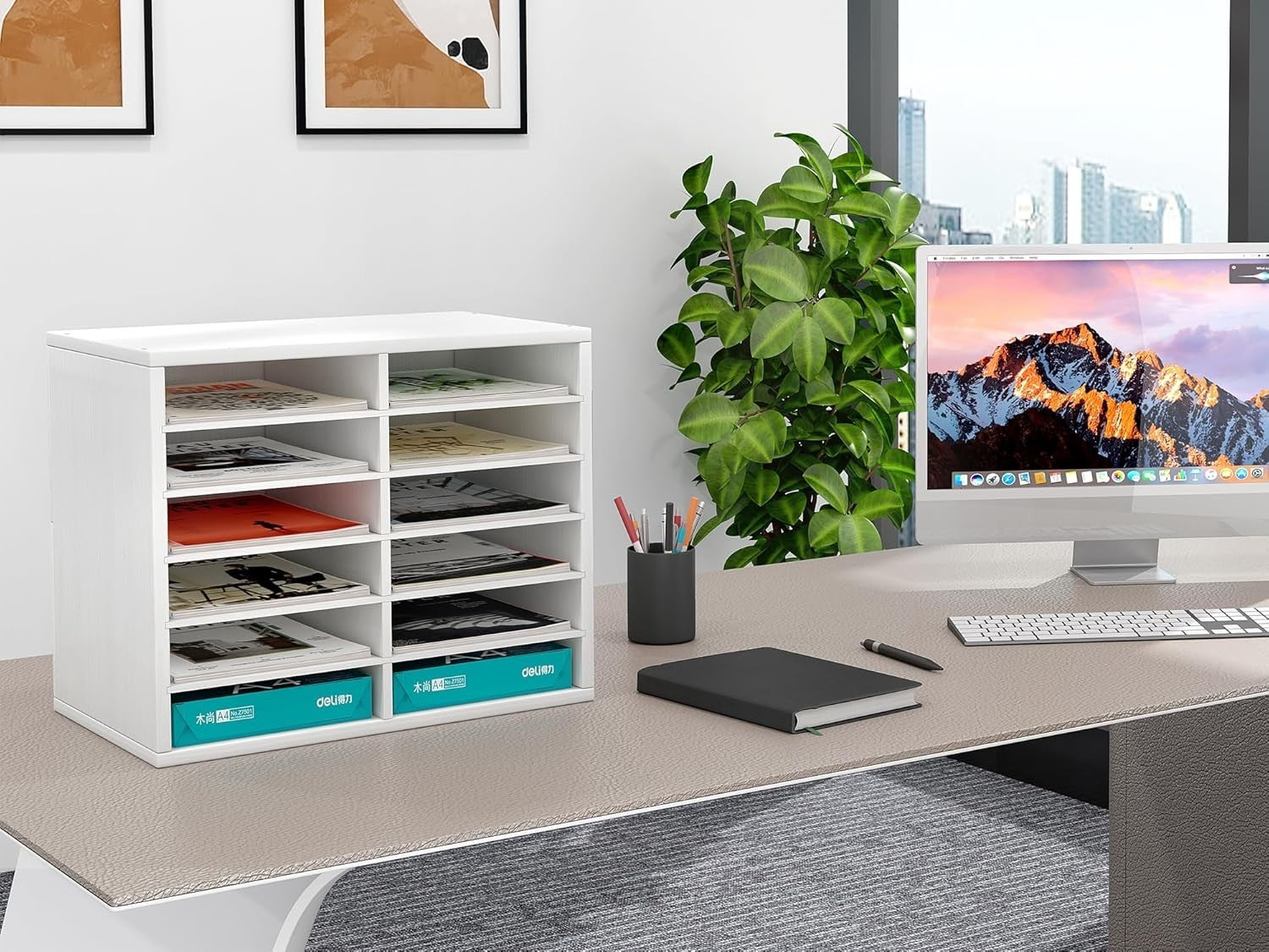 12 Compartment Wood Desk Organizer A4 File Tray Office Paper Holder