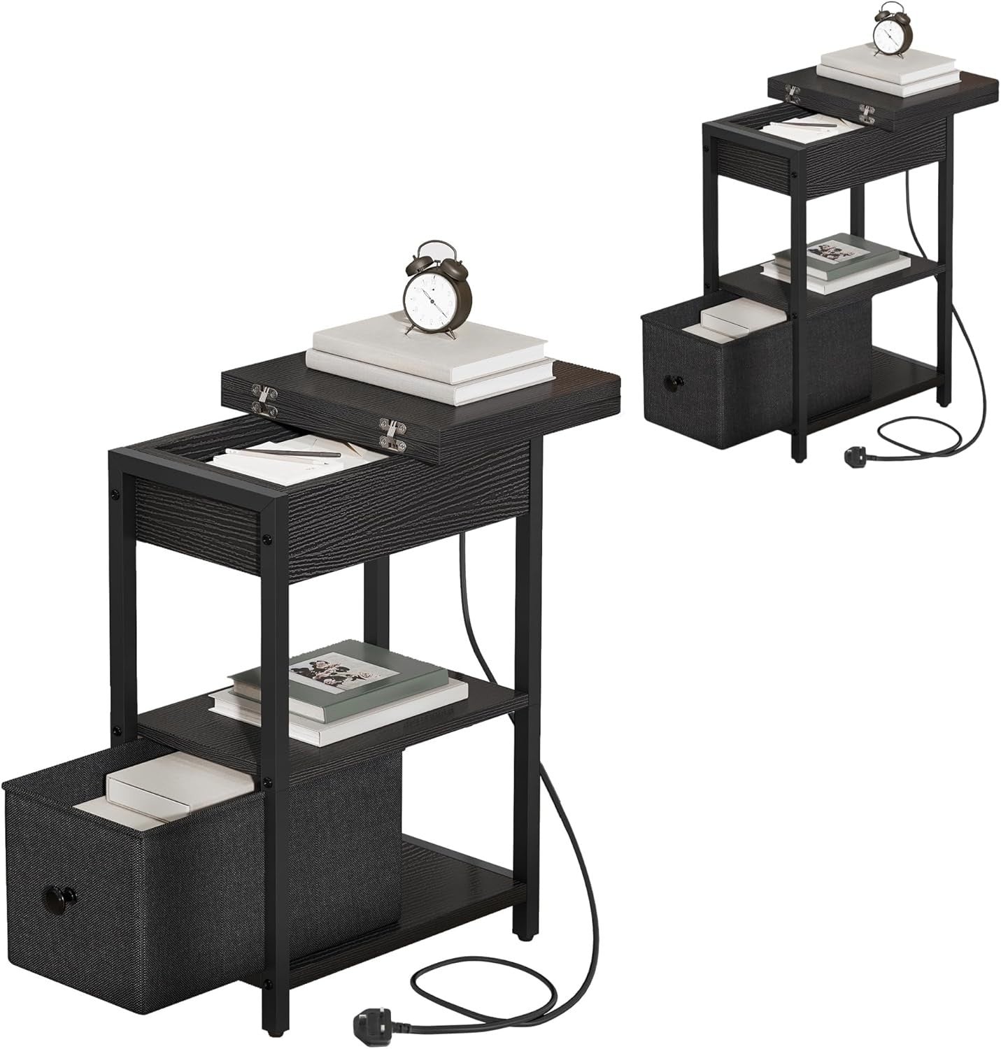 Set of 2 Black LED Bedside Tables with USB Charging | Slim Modern Nightstands