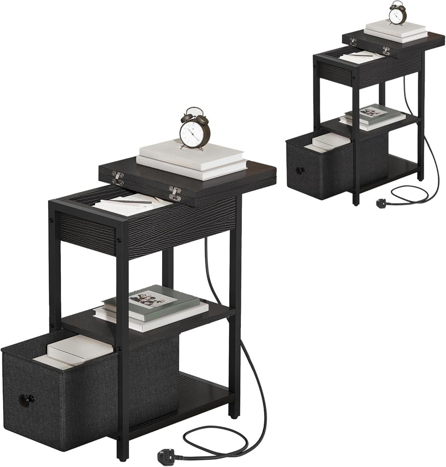Set of 2 Black LED Bedside Tables with USB Charging | Slim Modern Nightstands