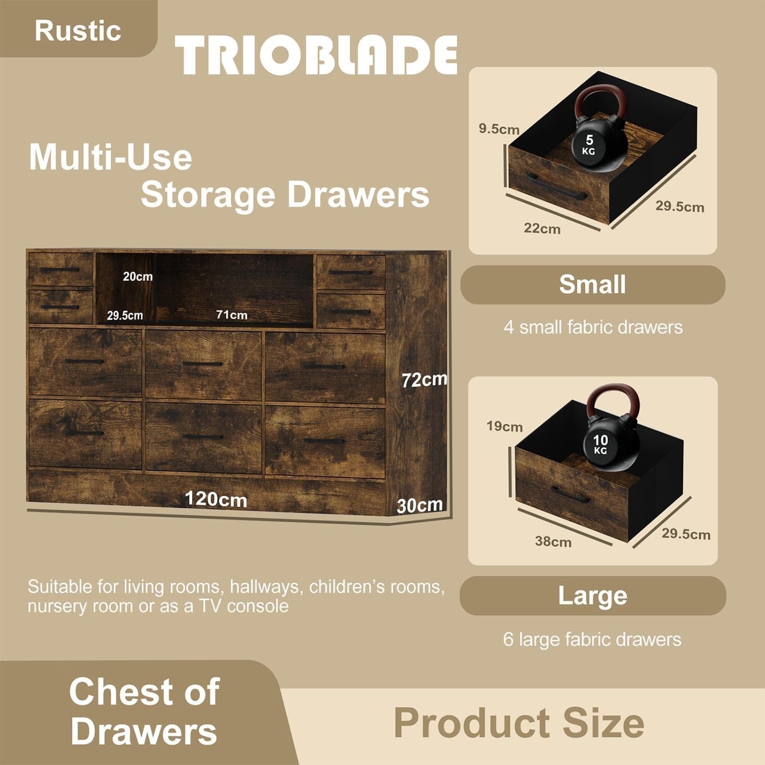 Rustic 10 Drawer LED Storage Cabinet with Wood Top for Bedroom 120x72cm