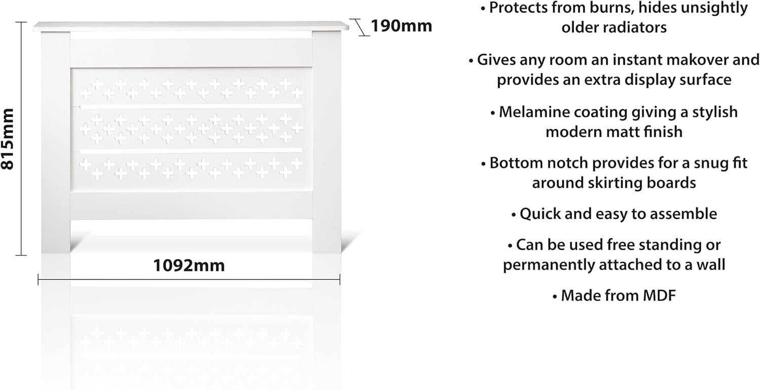 White MDF Radiator Cover with Cross Pattern Vents W109xH82cm Modern Cabinet