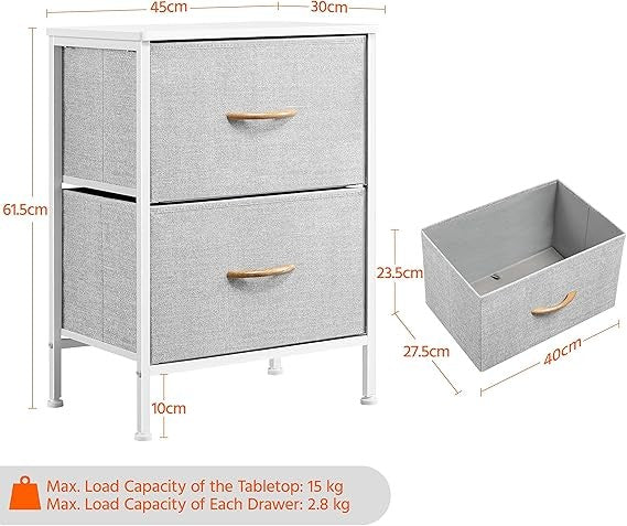 Modern Bedside Tables Set of 2 with Fabric Drawers & Metal Frame Light Grey
