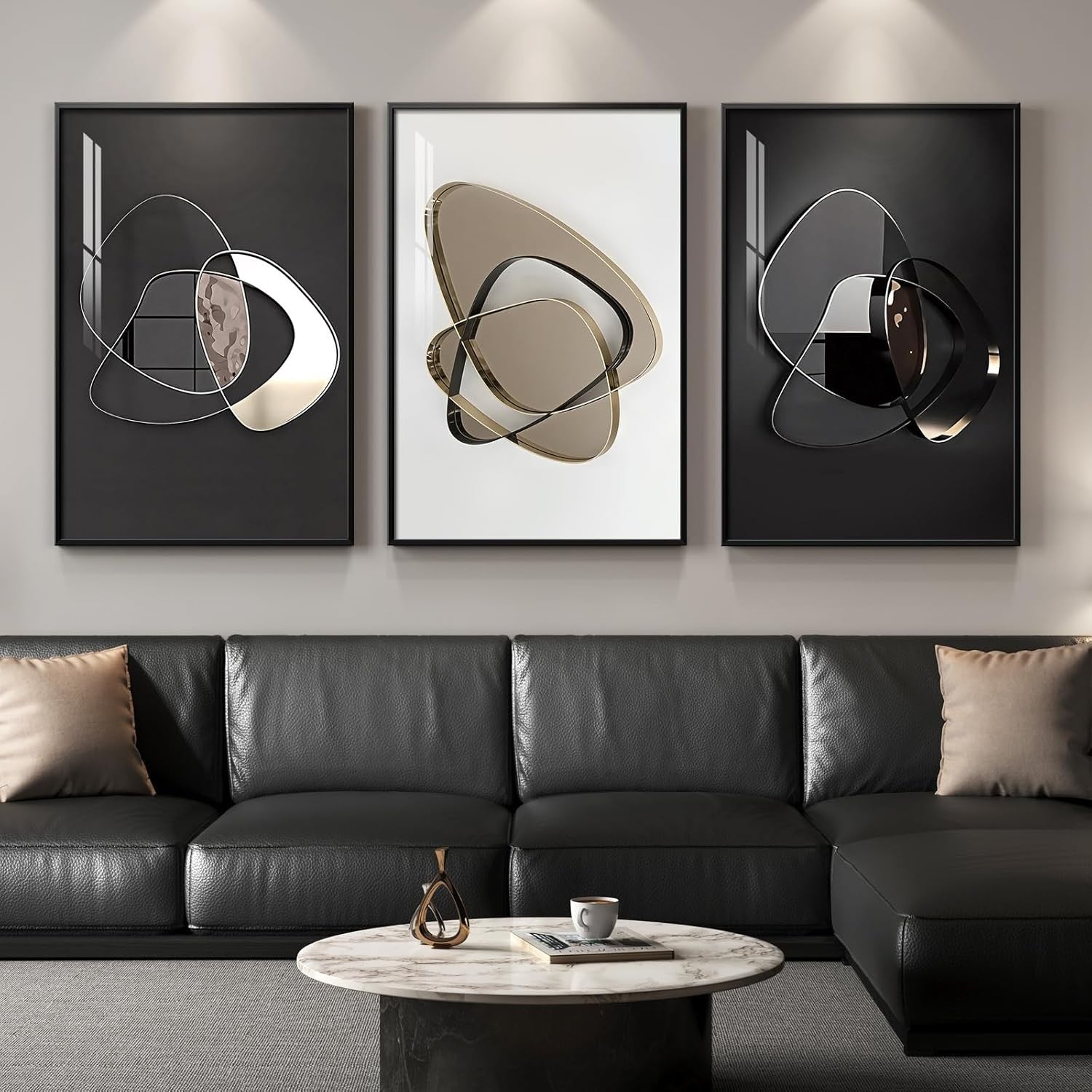 Large Framed Abstract Wall Art 3 Panel 24x36in Black Gold Metal