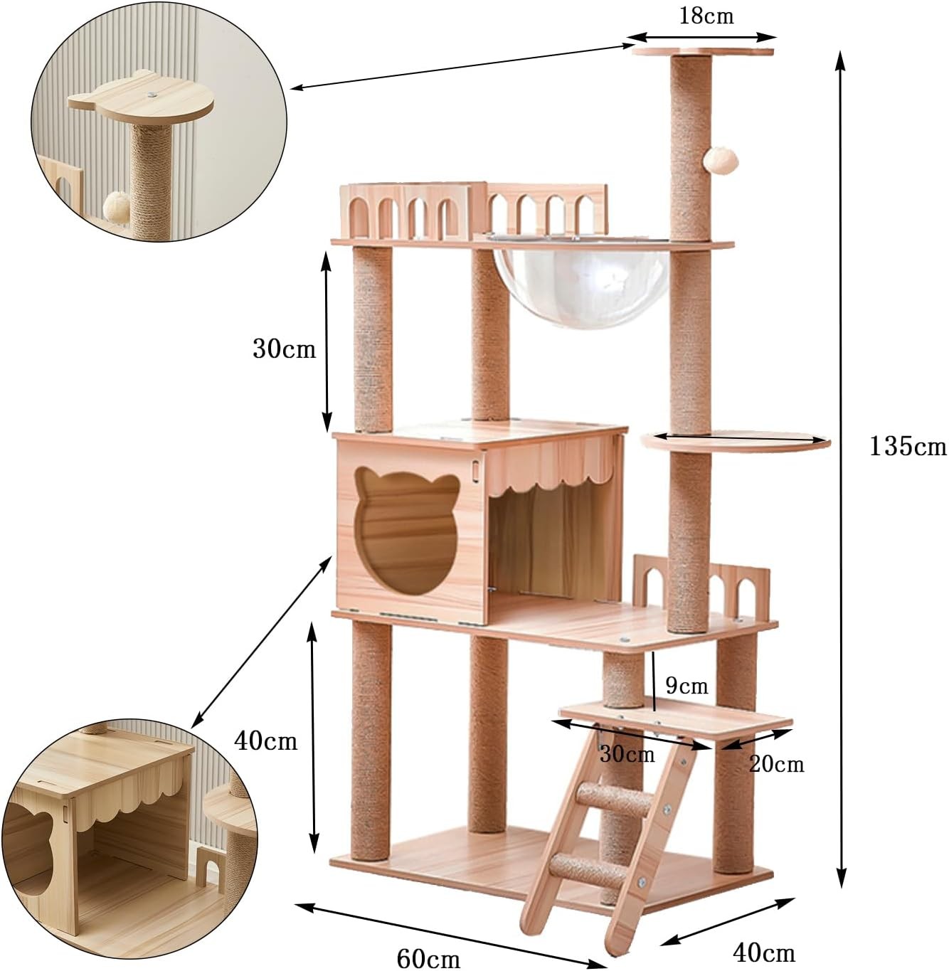 135cm Wooden Cat Tree Tower Condo Stairs Sisal Posts Modern Indoor Cats