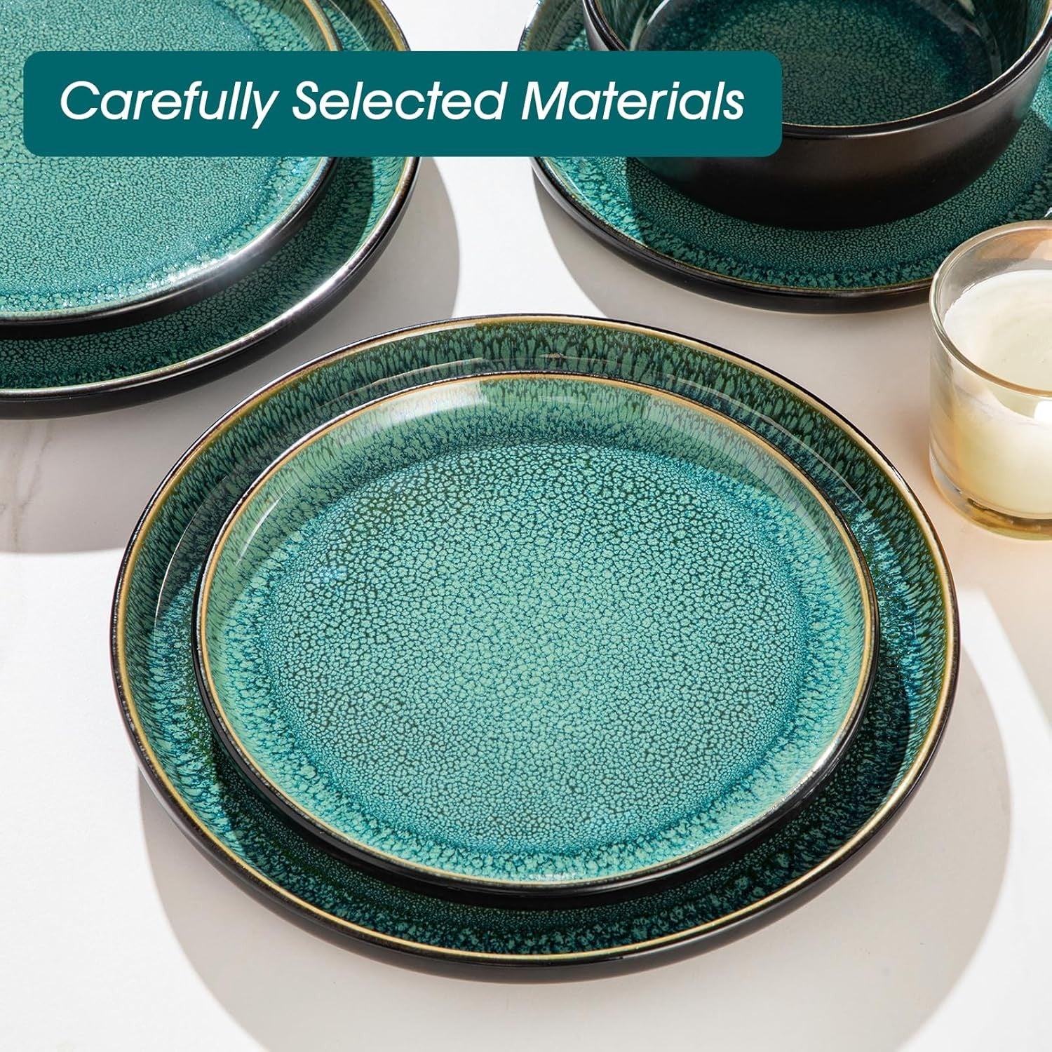 12pc Green Stoneware Dinner Set Reactive Glaze Plates Bowls Microwave Safe
