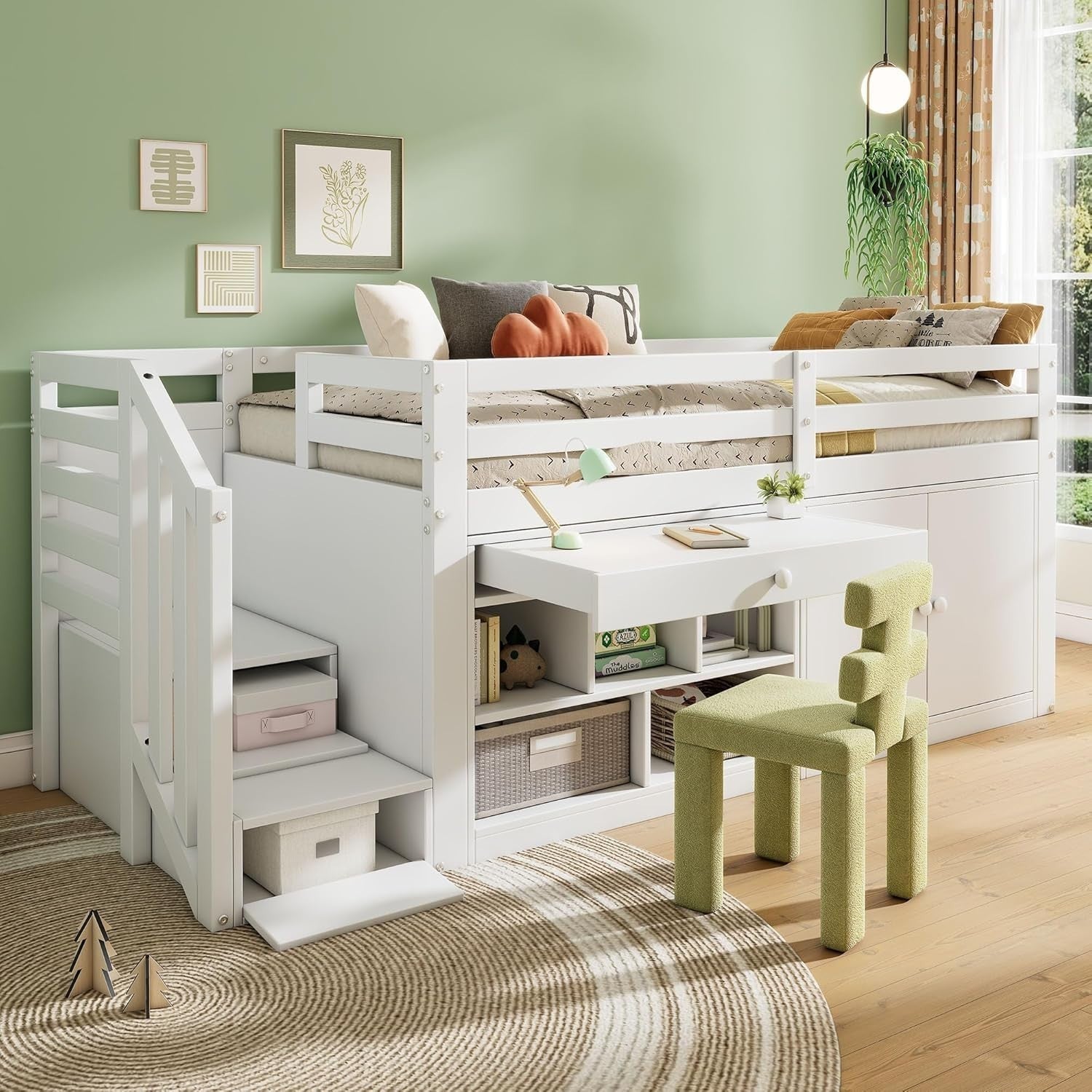 White Kids Cabin Bed with Storage Drawers, Desk & Steps 90x190cm