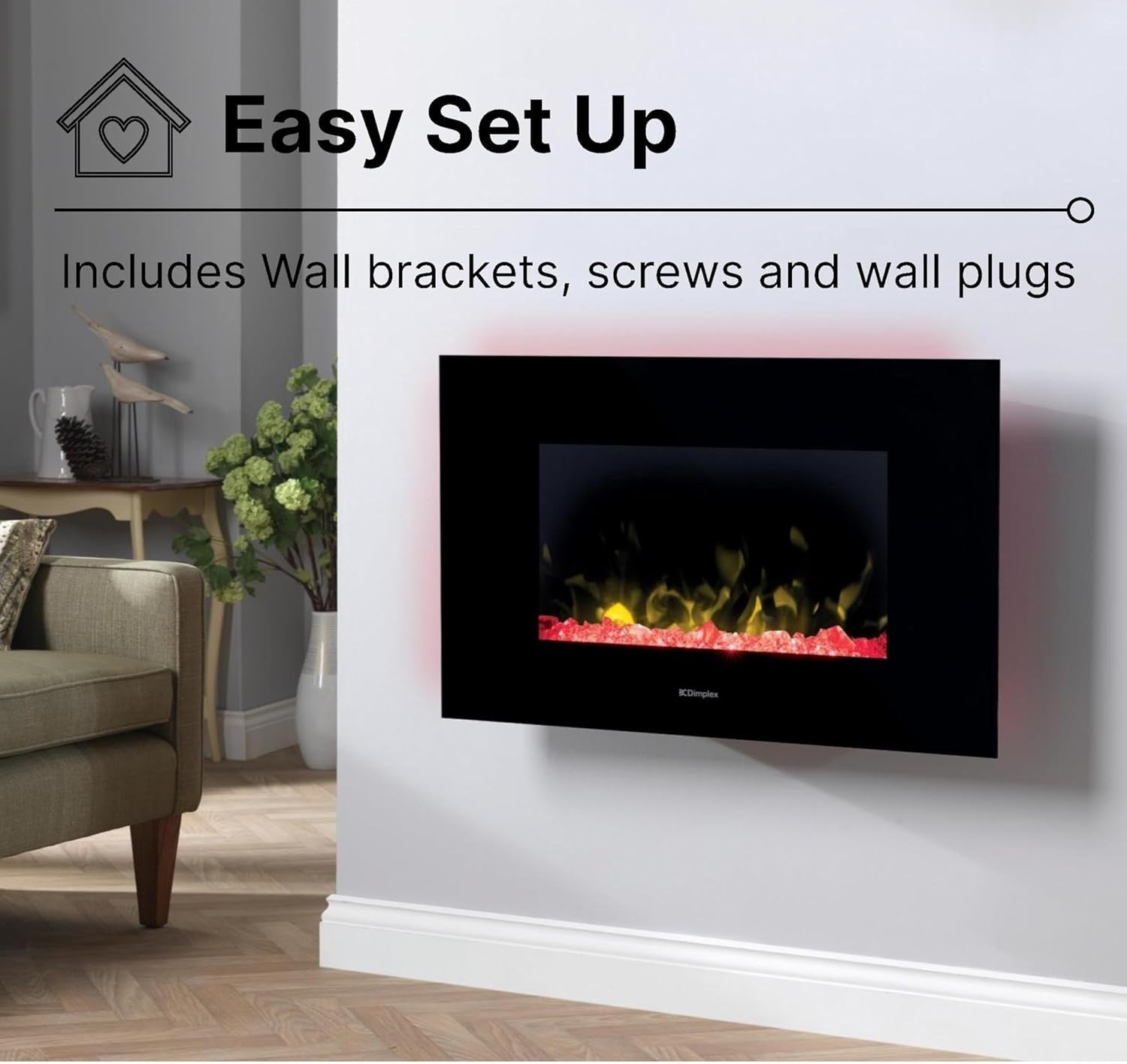 Wall Mounted LED Electric Fireplace Black Glass 2kW Heater Bluetooth