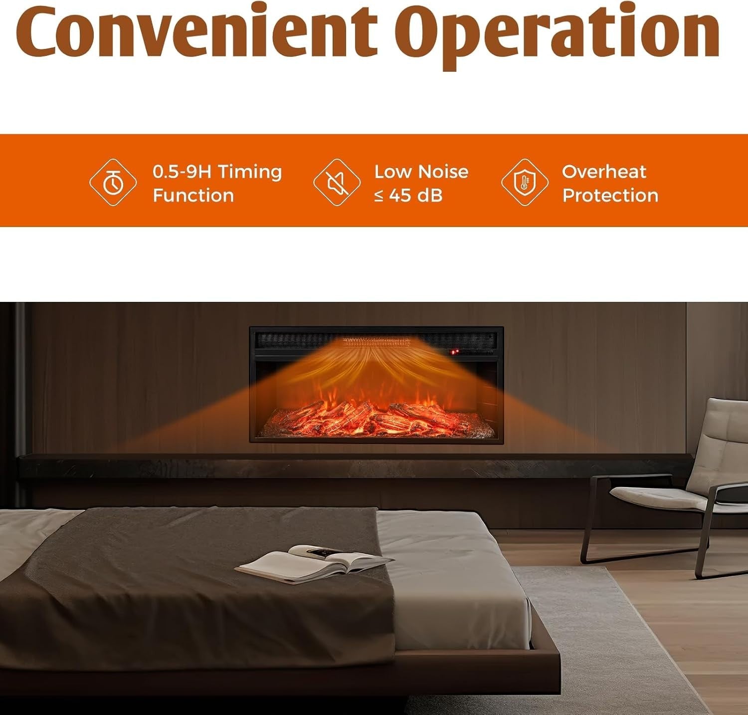1500W-2000W Electric Fireplace Insert with Remote, 9 Flame Colors & Timer