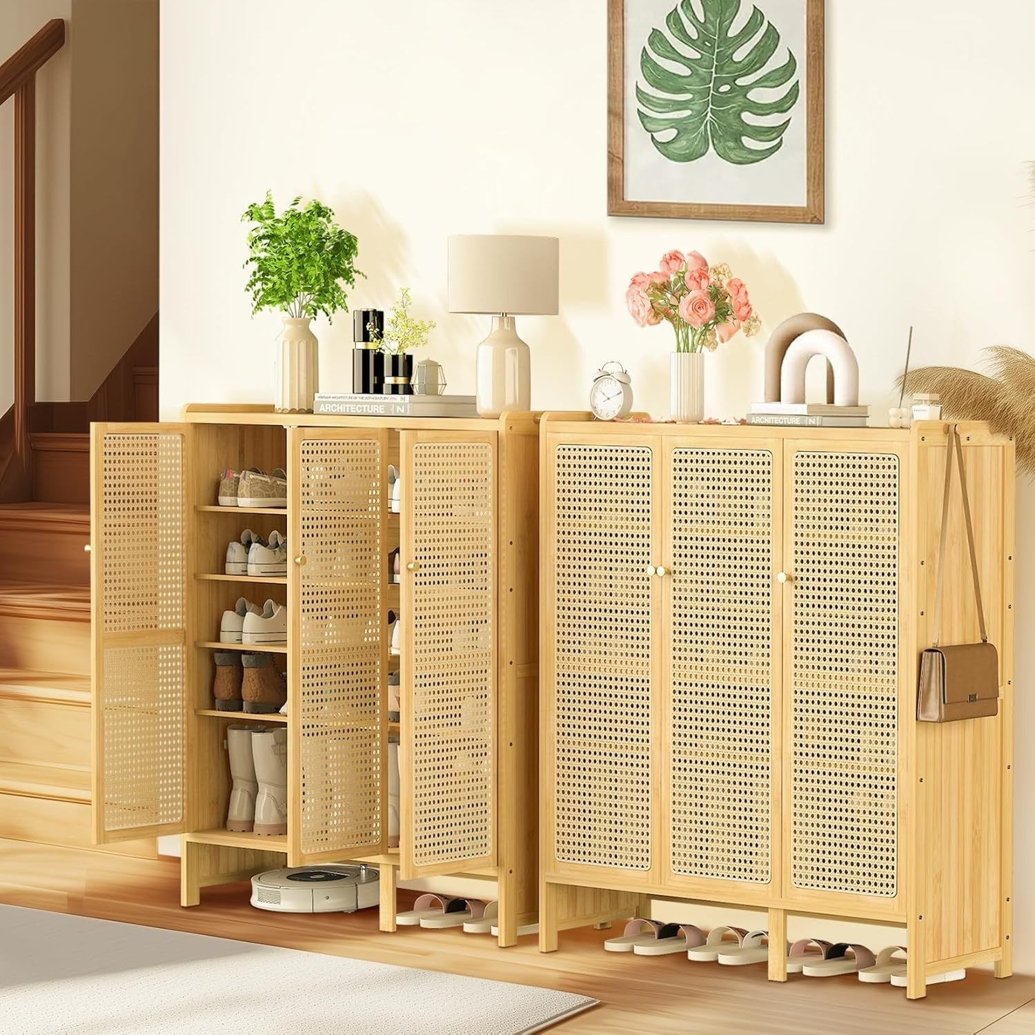 Large 5-Tier Bamboo Shoe Cabinet with Rattan Doors & Side Hooks, Slim Organizer