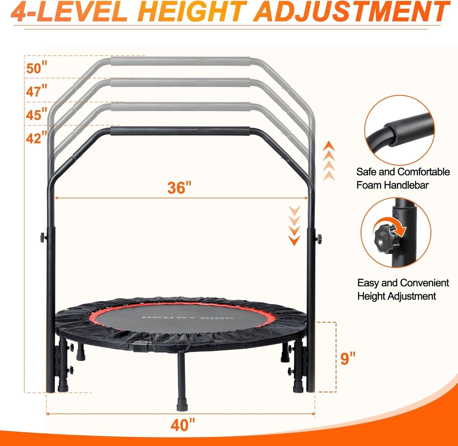 40in Folding Fitness Rebounder Adjustable Handle Heavy Duty Indoor