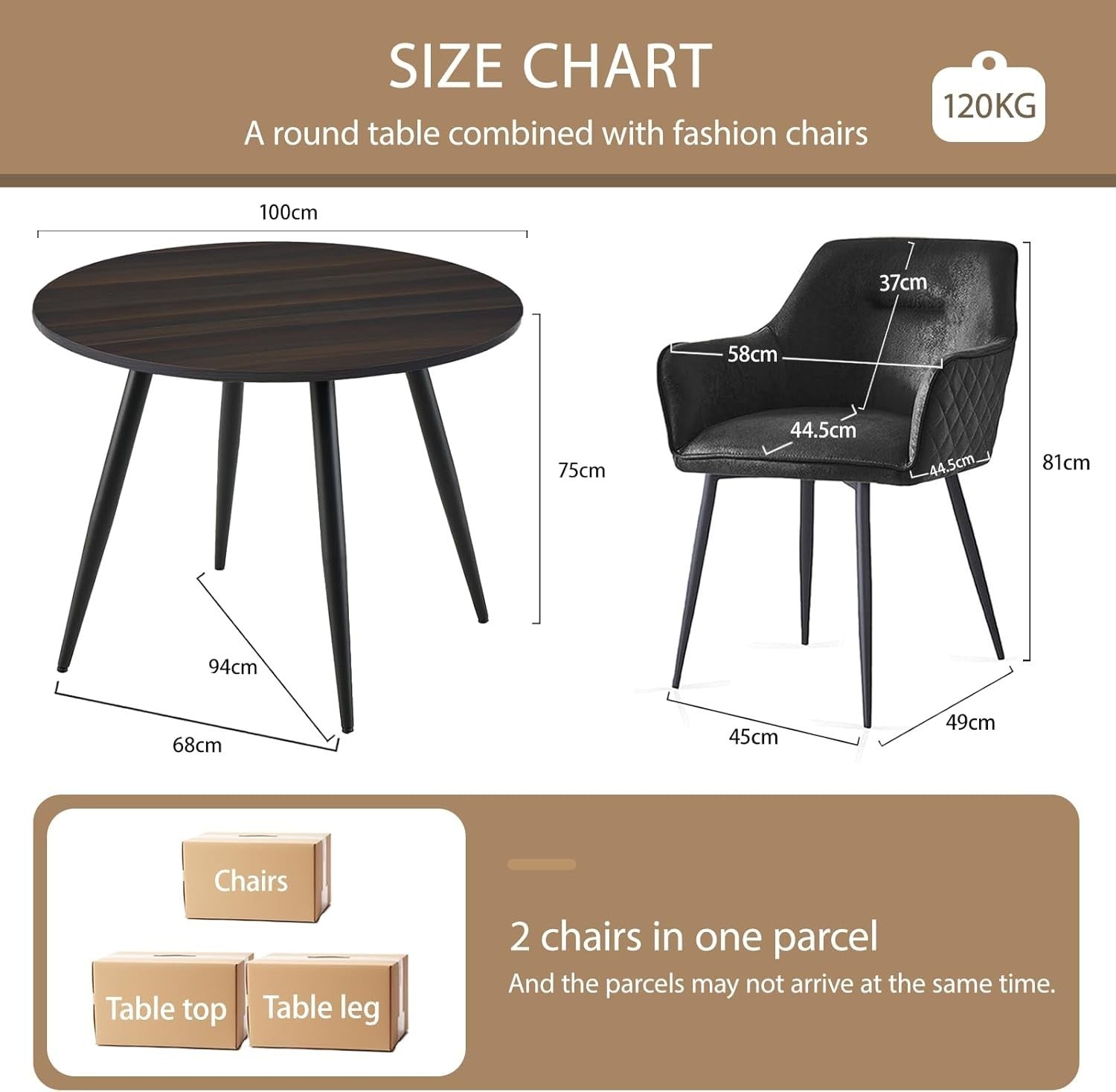 Round Dark Walnut Dining Table Set with 2 Black Faux Suede Chairs Kitchen