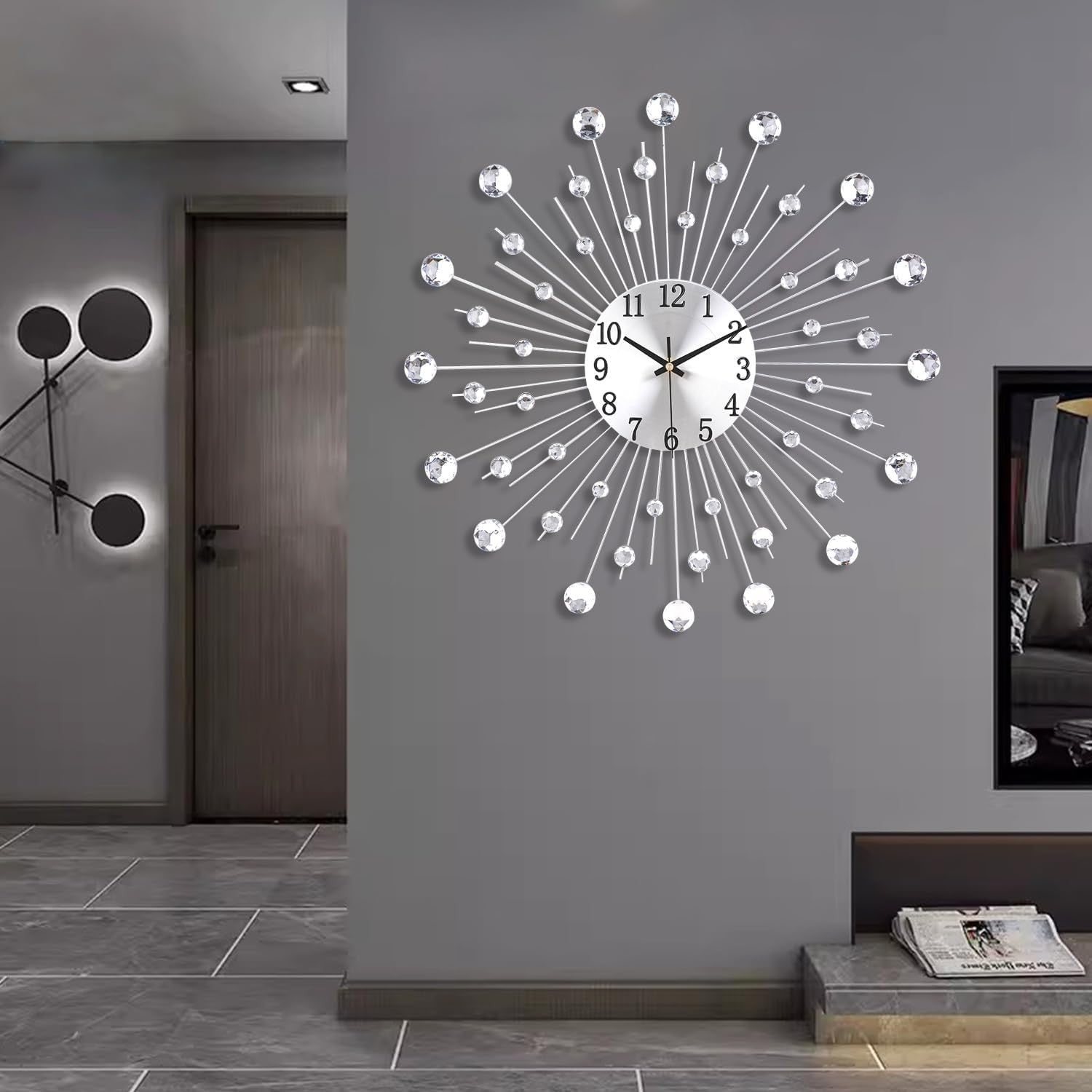 Modern Crystal Sunburst Wall Clock 50cm – Large Silent Luxury Metal Decor