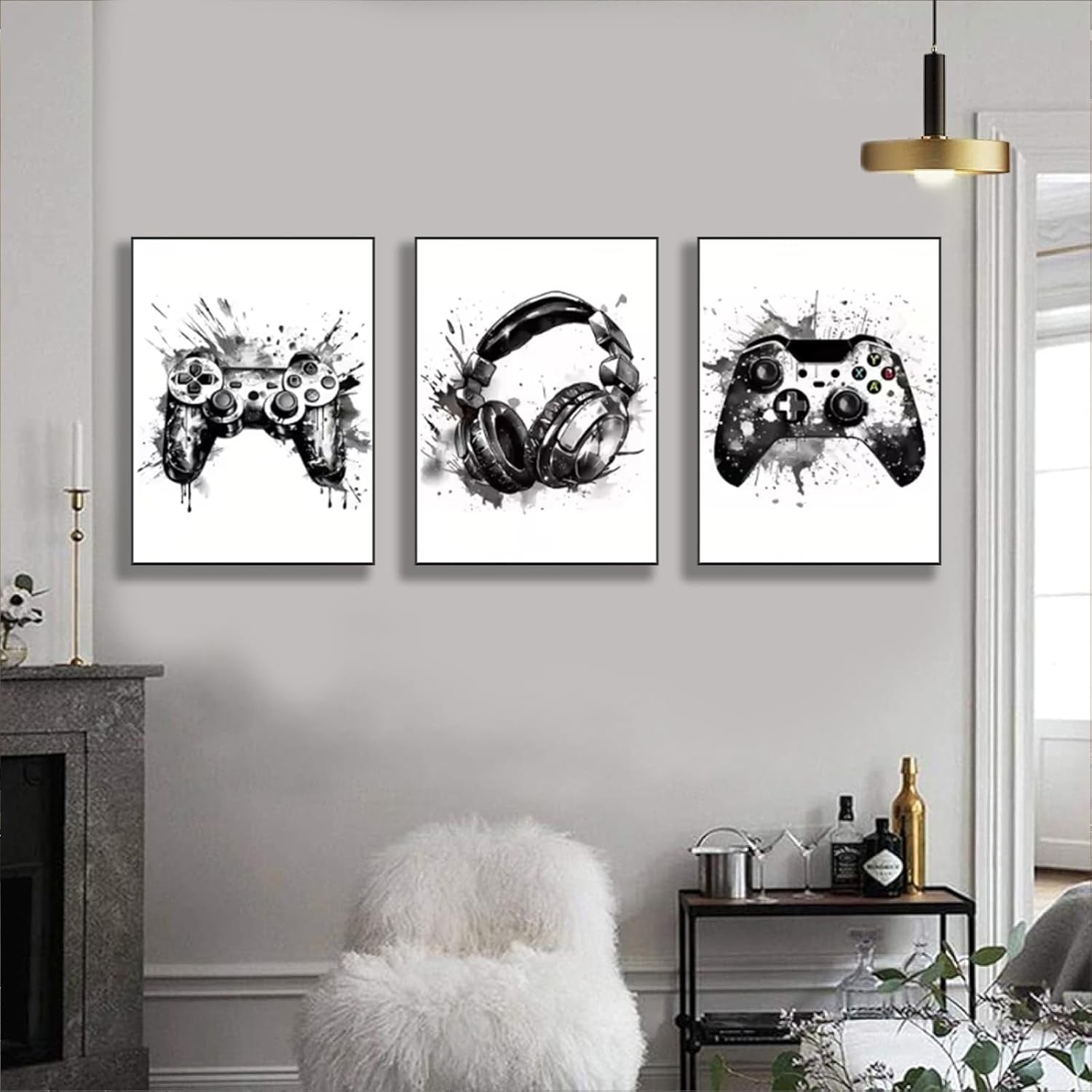 Gaming Wall Art Set of 3 Black White Canvas Prints 40x60cm Decor