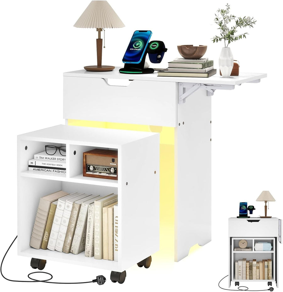 Smart Bedside Table with LED Light & Charging Station Modern Nightstand White