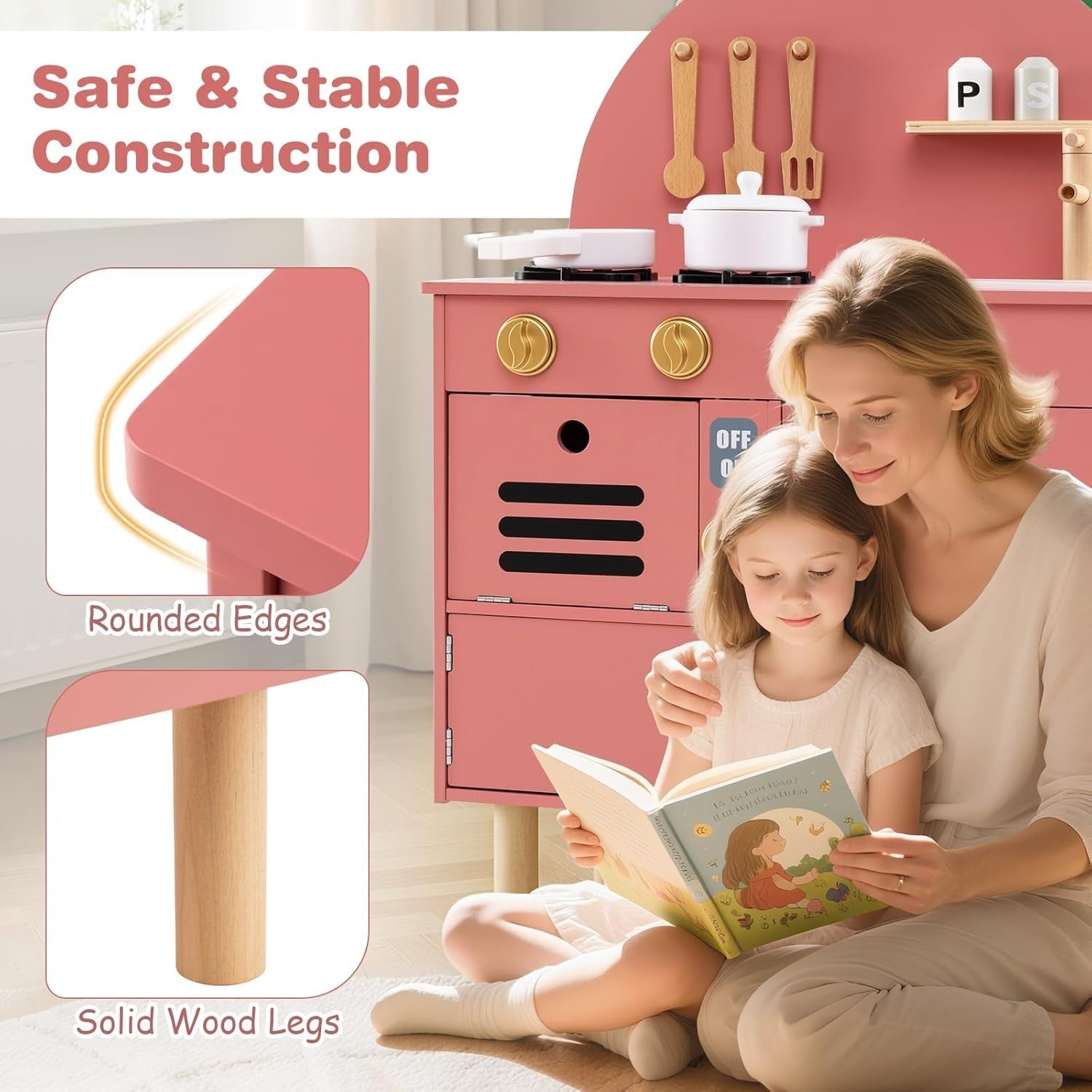 Kids Wooden Play Kitchen Pink Pretend Cooking Toy Set Accessories