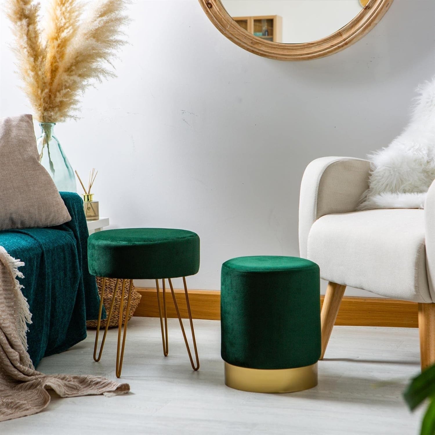 Set of 2 Green Velvet Footstools Round Pouffe Modern Accent Stools
