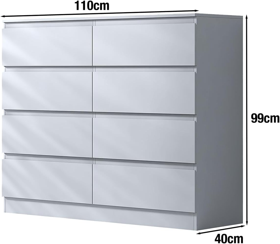 Matt White 8 Drawer Chest Modern Wide Storage Unit Scratch Resistant