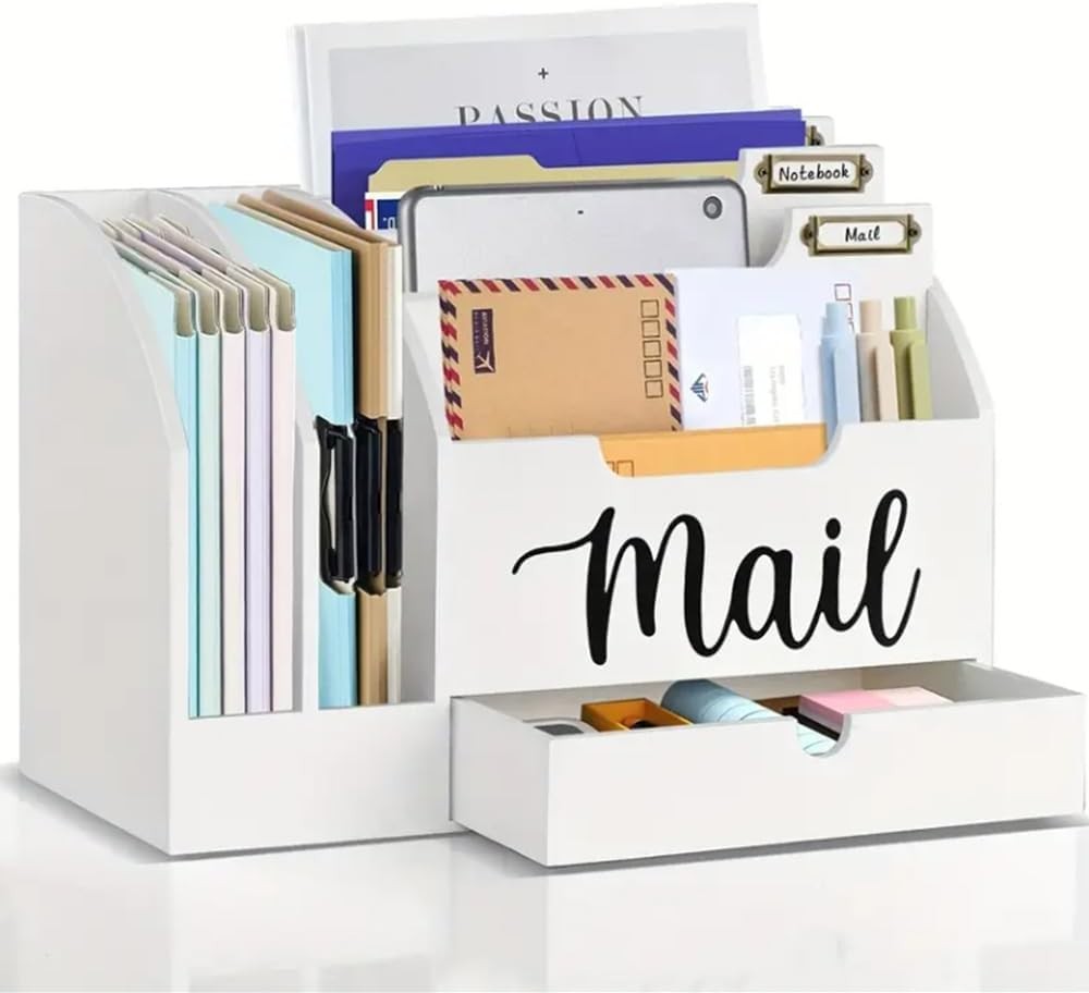 Wood Desk Organizer with 6 Compartments & Drawer – Mail, Files, Stationery