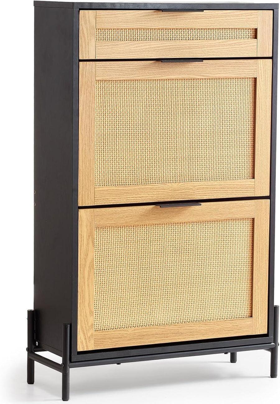 Narrow Rattan Shoe Cabinet with 2 Flip Drawers & Slide Drawer – Black